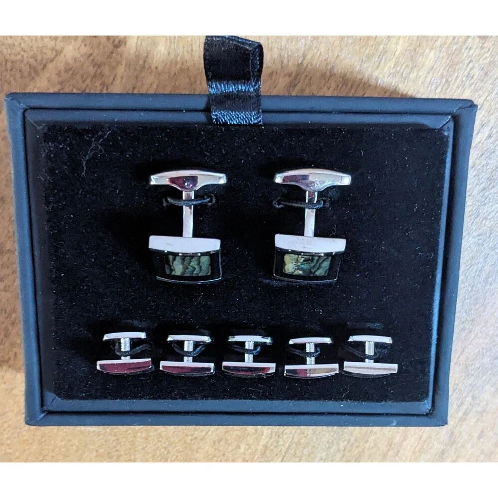 Murano Tuxedo Cufflink Stud Set Black Green Multicolor Design New in Display Box